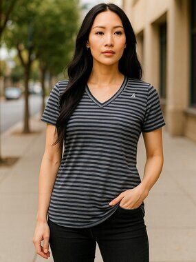 REEBOK Gray and Black Striped Short Sleeved Top Ladies M Size 8-10